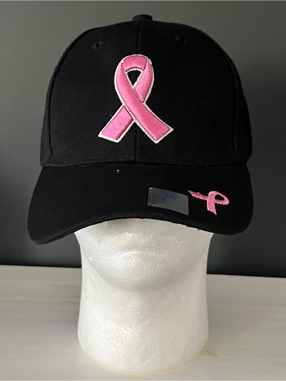 Black Baseball Cap with Pink Awareness Ribbon